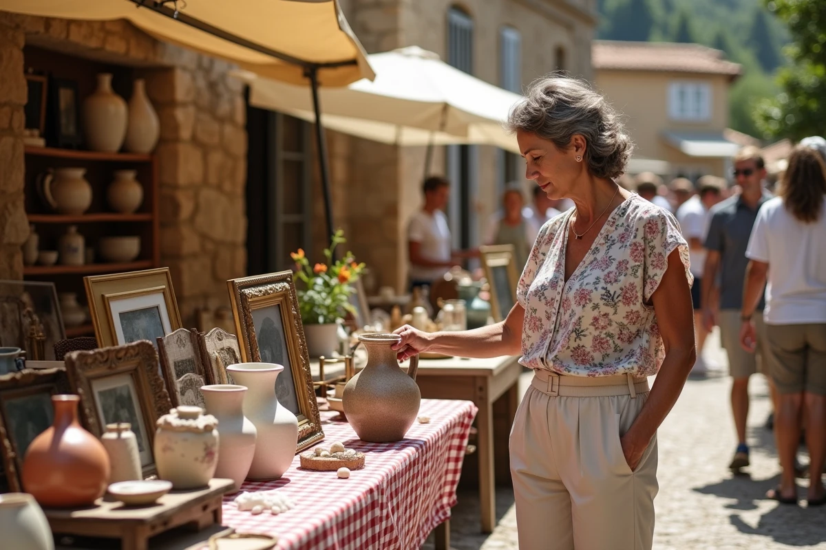 Vide grenier en montagne dans l'arrière-pays des Alpes-Maritimes avec des étals d'objets anciens et des villageois chineurs