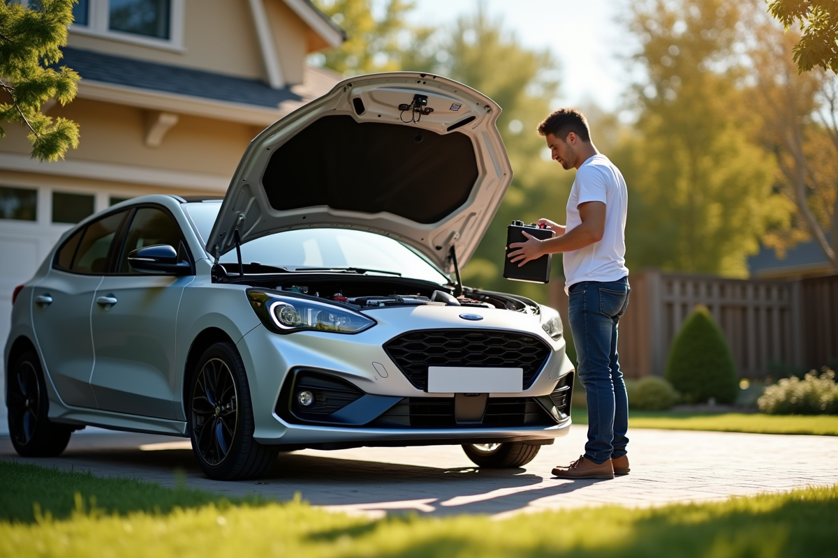Personne tenant une nouvelle batterie voiture devant un véhicule ouvert