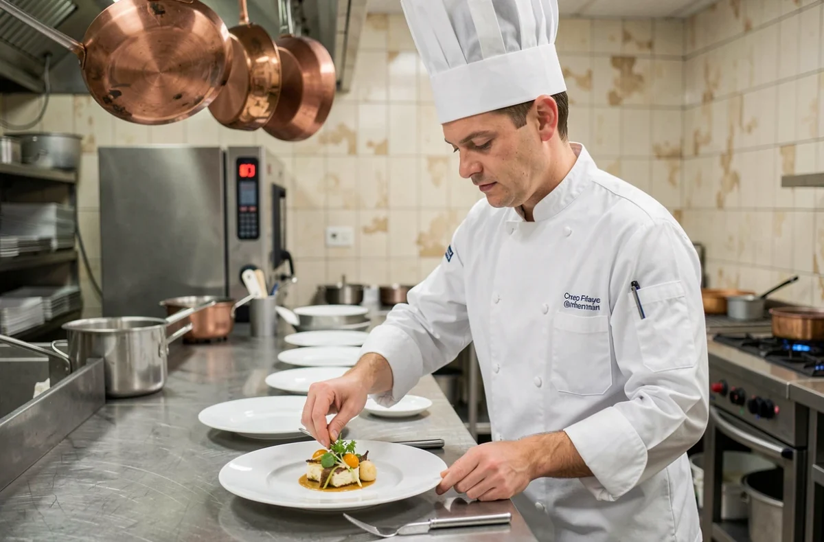 Chef professionnel en toque blanche dressant un plat raffiné dans une cuisine de traiteur moderne à Lyon