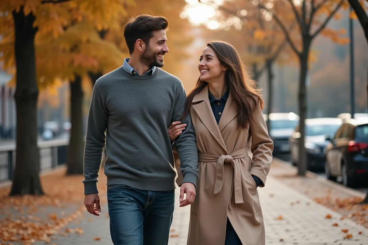 Couple se promenant dans une avenue parisienne en automne, ambiance complice et naturelle, évoquant la vie amoureuse de Yoann Usai