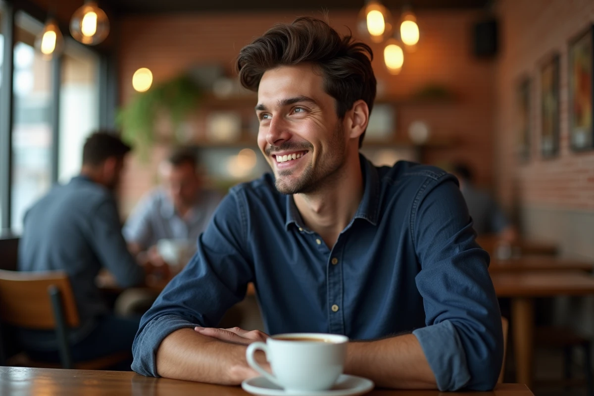 Jeune homme souriant assis dans un café parisien, regard pensif, illustrant l'évolution sentimentale de Yoann Usai